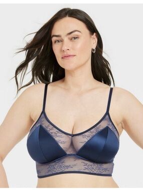 Satin and Lace Longline Bralette - Auden™ Smart Blue Adjustable Strap Size XL